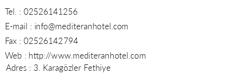 Mediteran Hotel telefon numaralar, faks, e-mail, posta adresi ve iletiim bilgileri